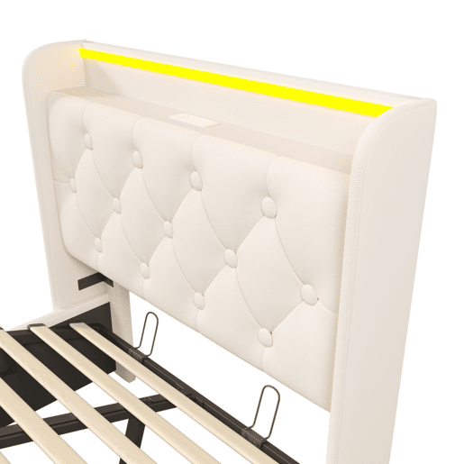 Cama individual estofada 90*200 - LED 360, hidráulica, cabeceira com USB Tipo-C, com colchão - Branco PU