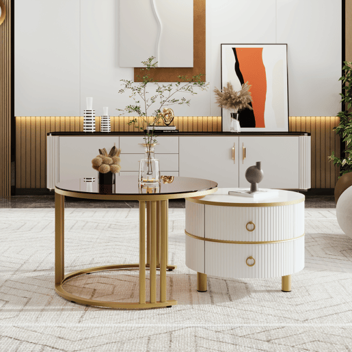 Mesa de centro encaixável de luxo branca e dourada com 2 gavetas e vidro fumado OLNE