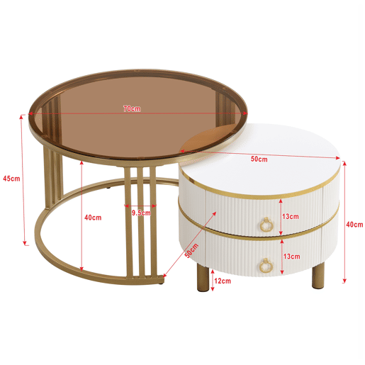 Mesa de centro encaixável de luxo branca e dourada com 2 gavetas e vidro fumado OLNE