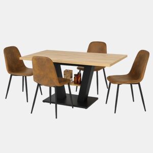 Conjunto de jantar extensível efeito madeira 118-157 cm com 4 cadeiras estofadas em efeito camurça castanha