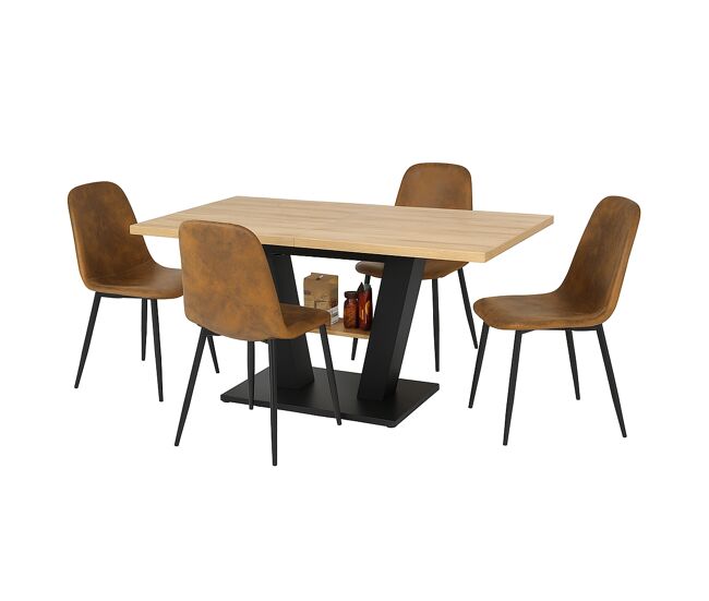 Juego de comedor extensible efecto madera 118-157 cm con 4 sillas tapizadas en efecto ante marrón