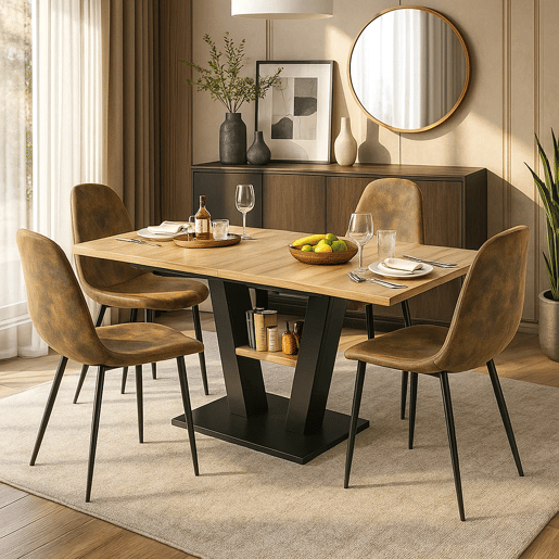 Conjunto de jantar extensível efeito madeira 118-157 cm com 4 cadeiras estofadas em efeito camurça castanha Conjunto de jantar extensível efeito madeira 118-157 cm com 4 cadeiras estofadas em efeito camurça castanha