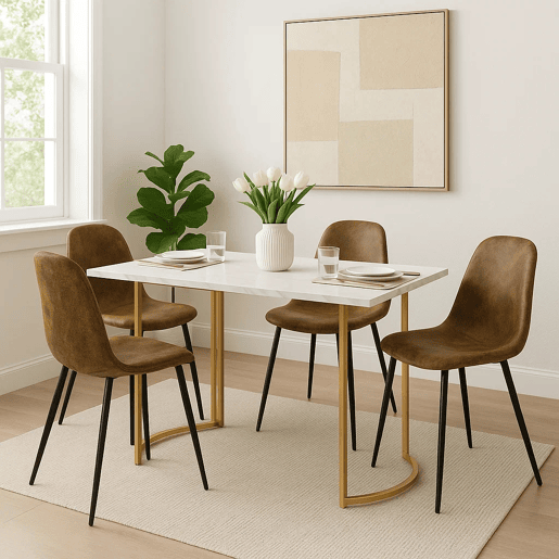Conjunto de jantar retangular com mesa em padrão mármore branco e pés dourados + 4 cadeiras em tecido castanho tipo camurça