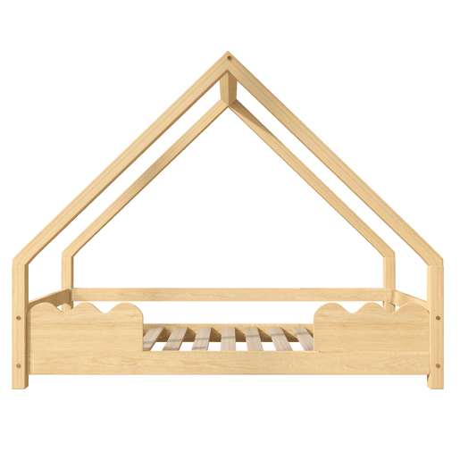 Cama infantil 90x200 cm com barreira de segurança e design de casinha em madeira maciça - Natural Cama infantil 90x200 cm com barreira de segurança e design de casinha em madeira maciça - Natural