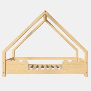 Cama infantil 90x200 cm com barreira de segurança e design de casinha em madeira maciça - Natural