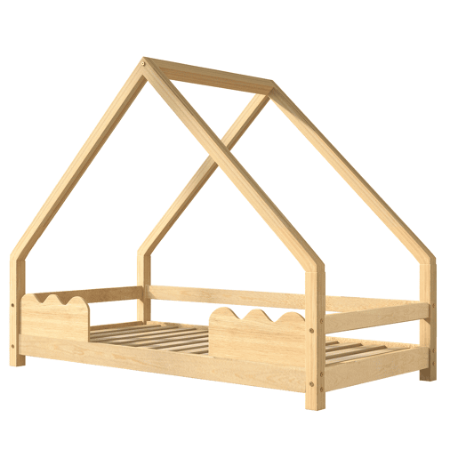 Cama infantil 90x200 cm com barreira de segurança e design de casinha em madeira maciça - Natural Cama infantil 90x200 cm com barreira de segurança e design de casinha em madeira maciça - Natural