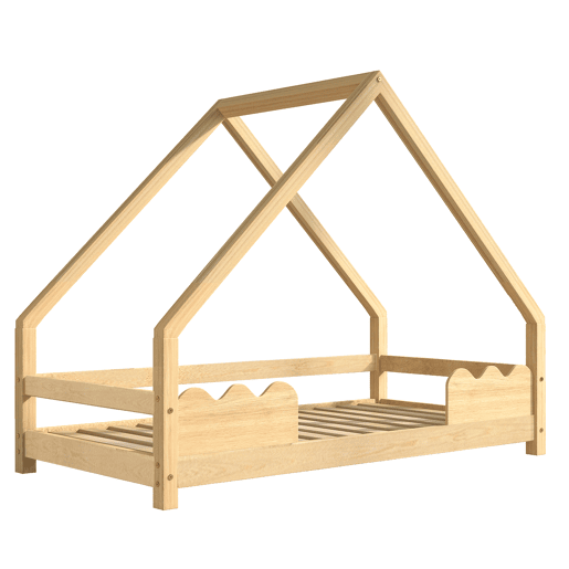 Cama infantil 90x200 cm com barreira de segurança e design de casinha em madeira maciça - Natural Cama infantil 90x200 cm com barreira de segurança e design de casinha em madeira maciça - Natural