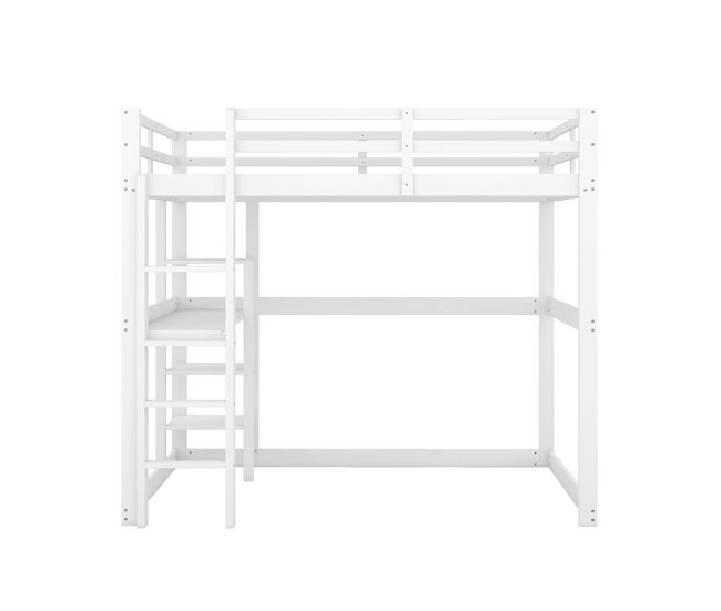 Cama alta infantil 140x200 cm - estructura de pino con almacenamiento, 4 estantes y escritorio - blanco
