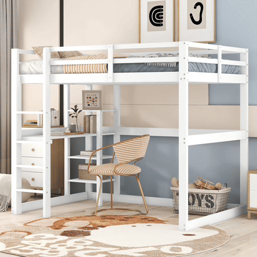 Cama alta infantil 140x200 cm - estrutura em pinho com arrumação, 4 prateleiras e secretária - branco