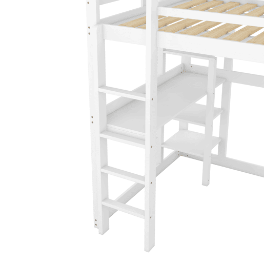 Cama alta infantil 140x200 cm - estrutura em pinho com arrumação, 4 prateleiras e secretária - branco