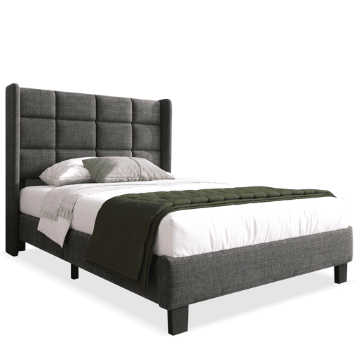 Cama individual 90x200cm - Cabeceira acolchoada, com estrado de ripas, firmeza média - Cinza linho