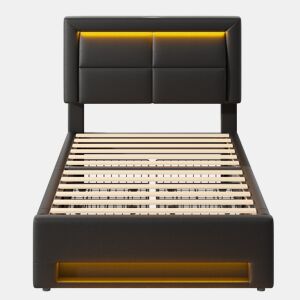 Cama estofada 90x190 - com porta USB, carregamento sem fios e com fios, LED e 4 gavetas - Preto