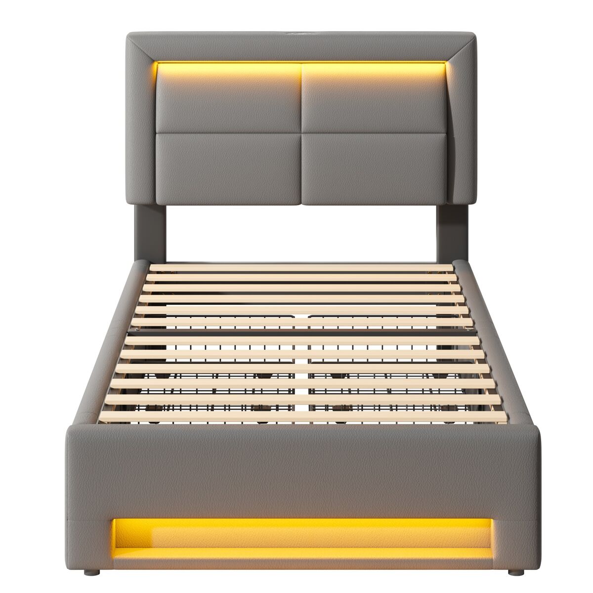 Cama tapizada 90x190 cm - con puerto usb, carga inalámbrica y por cable, led y cuatro cajones - gris