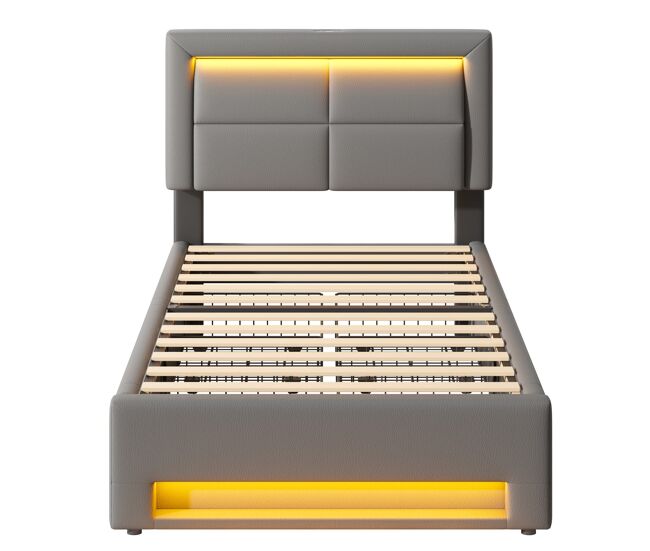 Cama tapizada 90x190 cm - con puerto usb, carga inalámbrica y por cable, led y cuatro cajones - gris