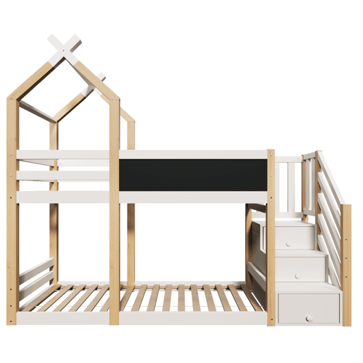 Beliche 90x200 - Design de casa na árvore, com quadro negro, arrumação e proteção contra quedas - Natural e Branco