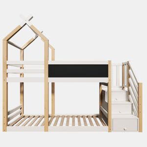 Beliche 90x200 - Design de casa na árvore, com quadro negro, arrumação e proteção contra quedas - Natural e Branco
