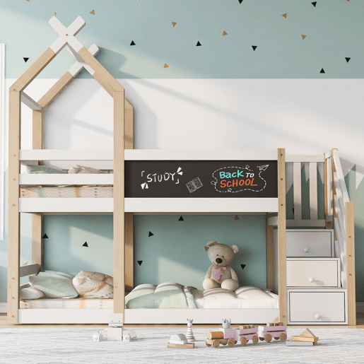 Beliche 90x200 - Design de casa na árvore, com quadro negro, arrumação e proteção contra quedas - Natural e Branco