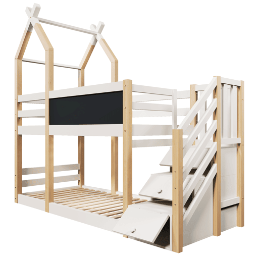Beliche 90x200 - Design de casa na árvore, com quadro negro, arrumação e proteção contra quedas - Natural e Branco