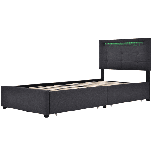 Cama estofada 90x200cm - Com LED, 2 gavetas, Cabeceira ajustável, Estrutura em madeira - Cinza