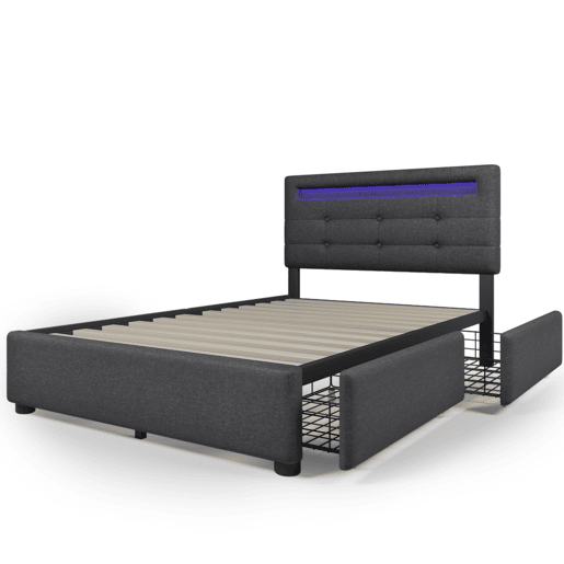 Cama estofada 90x200cm - Com LED, 2 gavetas, Cabeceira ajustável, Estrutura em madeira - Cinza
