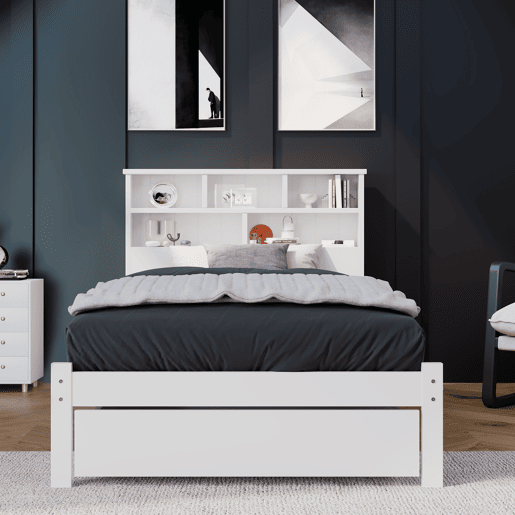 Cama individual 90x200 cm - Cama de madeira maciça com gavetas e estrado, estante, para jovens e adultos - Branco