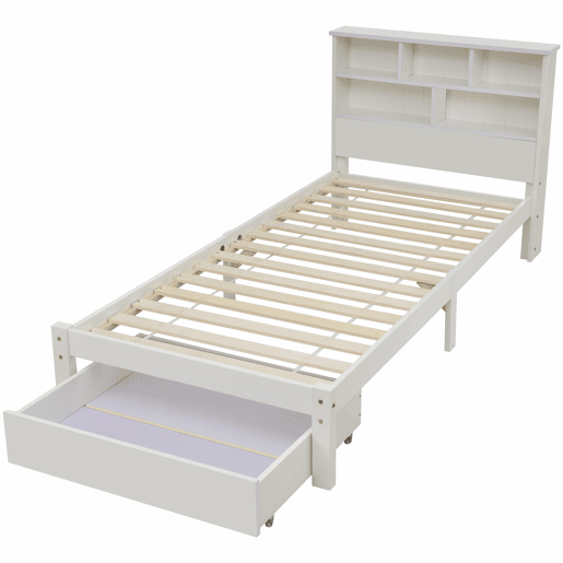 Cama individual 90x200 cm - Cama de madeira maciça com gavetas e estrado, estante, para jovens e adultos - Branco