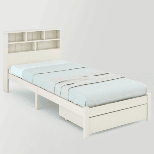 Cama individual 90x200 cm - Cama de madeira maciça com gavetas e estrado, estante, para jovens e adultos - Branco