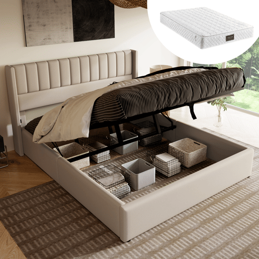 Cama hidráulica 160x200cm - Estrutura em madeira e metal, com colchão - Bege