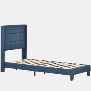 Cama Polsterbett 90x200cm - Cabeceira acolchoada, com estrado, firmeza média - Azul linho