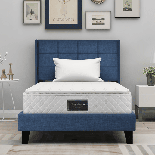 Cama Polsterbett 90x200cm - Cabeceira acolchoada, com estrado, firmeza média - Azul linho