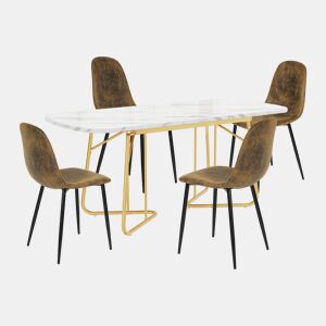 Conjunto de jantar extensível efeito mármore branco com pés dourados + 4 cadeiras em tecido castanho tipo camurça