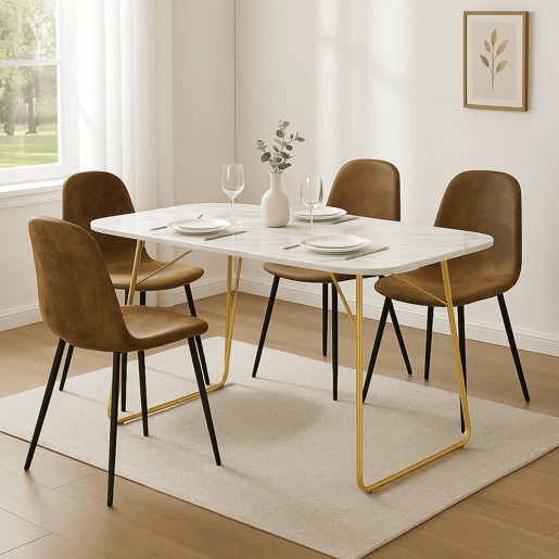 Conjunto de jantar extensível efeito mármore branco com pés dourados + 4 cadeiras em tecido castanho tipo camurça