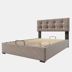 Cama estofada 140x200 cm - Cabeceira ajustável, estrutura metálica com estrado, com colchão, veludo, moderna com arrumação - cinza claro