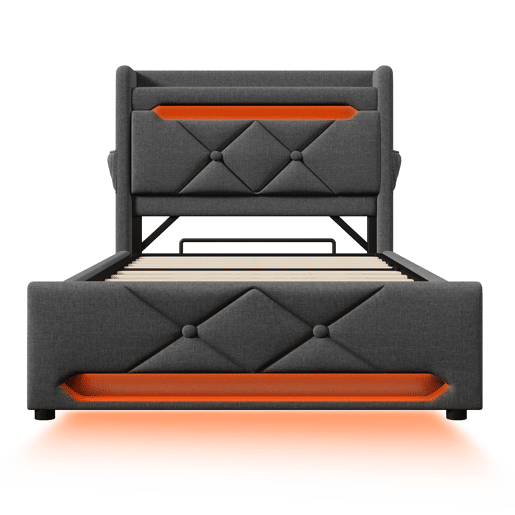 Cama individual 90x200 - Cabeceira com arrumação, portas USB e Tipo C, função LED 360 - Cinza