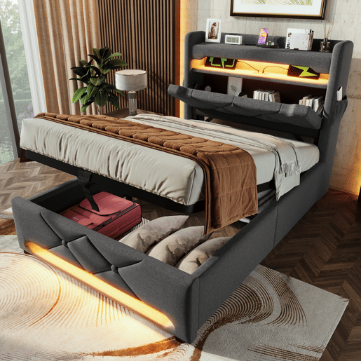 Cama individual 90x200 - Cabeceira com arrumação, portas USB e Tipo C, função LED 360 - Cinza