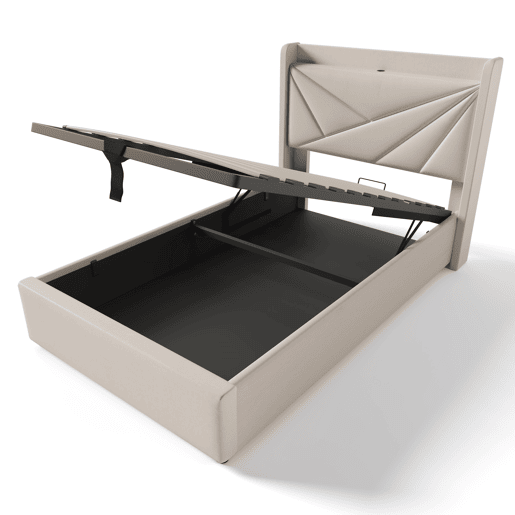 Cama individual 90x200 - armazenamento com USB Tipo C e cabeceira, estrutura em linho, estrado incluído - Cinza