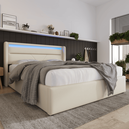 Cama estofada 160x200 - com LED e arrumação - Branco Cama estofada 160x200 - com LED e arrumação - Branco