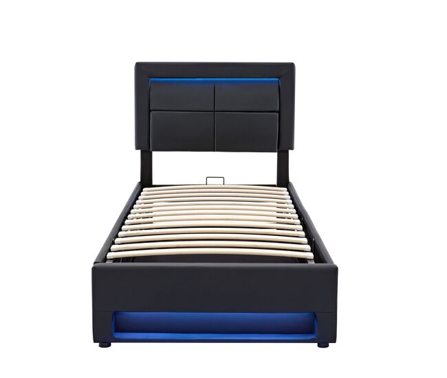 Cama tapizada 90x200 - con puerto usb, carga inalámbrica y por cable, led y almacenamiento - negro