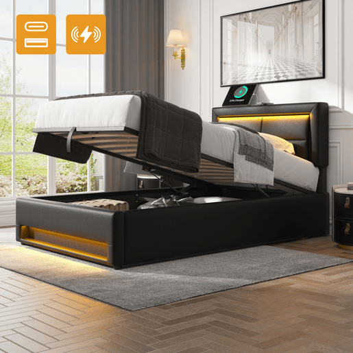 Cama estofada 90x200 - com porta USB, carregamento sem fios e com fios, LED e armazenamento - Preto