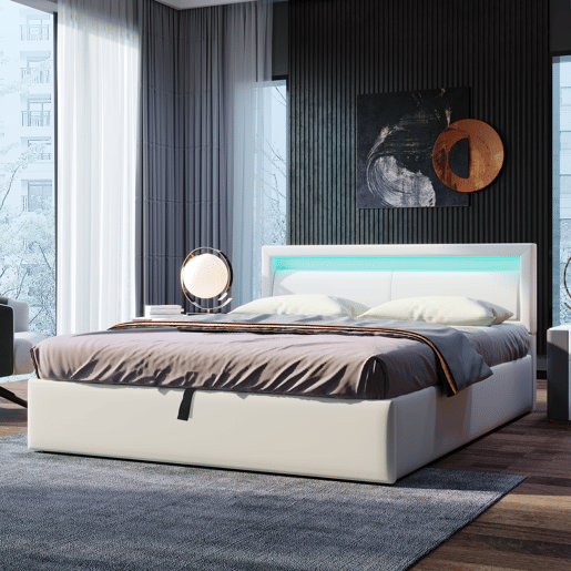 Cama estofada 140x190 cm - com base de ripas, LED multicolorido e espaço de arrumação - branco couro sintético
