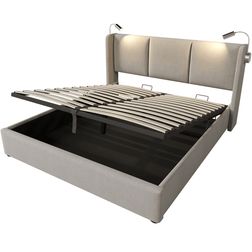 Cama Polsterbett 160x200 - Com arrumação, cabeceira ajustável, luz de leitura e função de carregamento USB - Bege