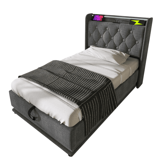 Cama individual 90x200 - LED 360 Surround, hidráulica, cabeceira estofada com USB Tipo-C - Cinza