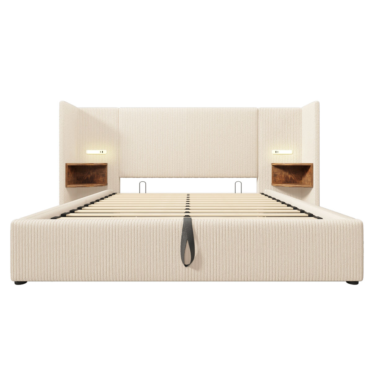 Cama tapizada 160×200 - con mesita, lámpara de lectura y usb type-c, almacenamiento, estructura de madera y metal, beige-blanco