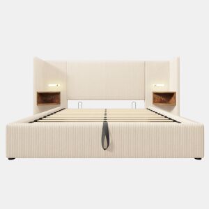 Cama estofada 160×200 - com mesa de cabeceira, candeeiro de leitura e USB Type-C, arrumação, estrutura em madeira e metal, bege-branco