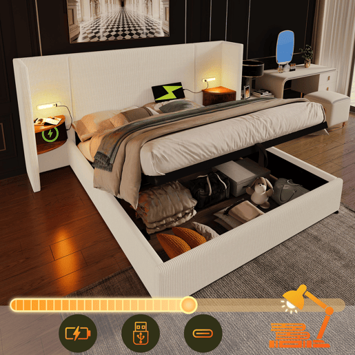 Cama estofada 160×200 - com mesa de cabeceira, candeeiro de leitura e USB Type-C, arrumação, estrutura em madeira e metal, bege-branco Cama estofada 160×200 - com mesa de cabeceira, candeeiro de leitura e USB Type-C, arrumação, estrutura em madeira e metal, bege-branco