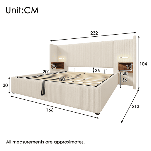 Cama estofada 160×200 - com mesa de cabeceira, candeeiro de leitura e USB Type-C, arrumação, estrutura em madeira e metal, bege-branco Cama estofada 160×200 - com mesa de cabeceira, candeeiro de leitura e USB Type-C, arrumação, estrutura em madeira e metal, bege-branco
