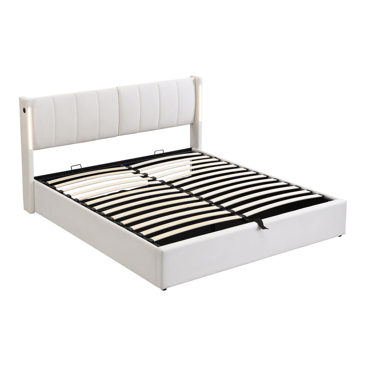 cama tapizada led 140 x 200 cm - cama hidraulica con usb recargable cabecero ajustable y almacenaje - blanco