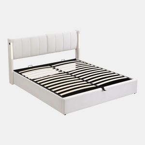 Cama estofada LED 140 x 200 cm - cama hidráulica com USB recarregável, cabeceira ajustável e arrumação - Branco