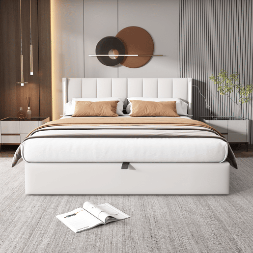 Cama estofada LED 140 x 200 cm - cama hidráulica com USB recarregável, cabeceira ajustável e arrumação - Branco