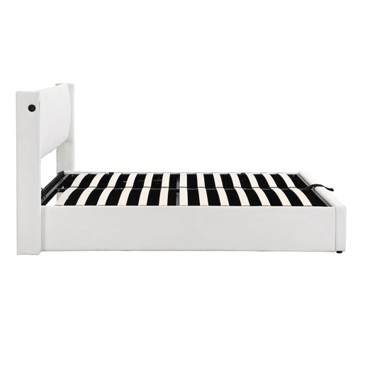 Cama estofada LED 140 x 200 cm - cama hidráulica com USB recarregável, cabeceira ajustável e arrumação - Branco